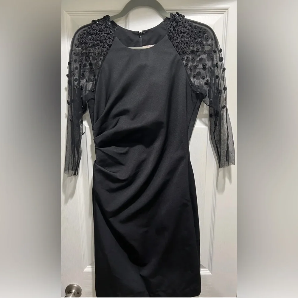 HOT Lela Rose Embellished Beaded Mesh Sleeve Ruched Sheath Black Dress $1695+! - Picture 2 of 12